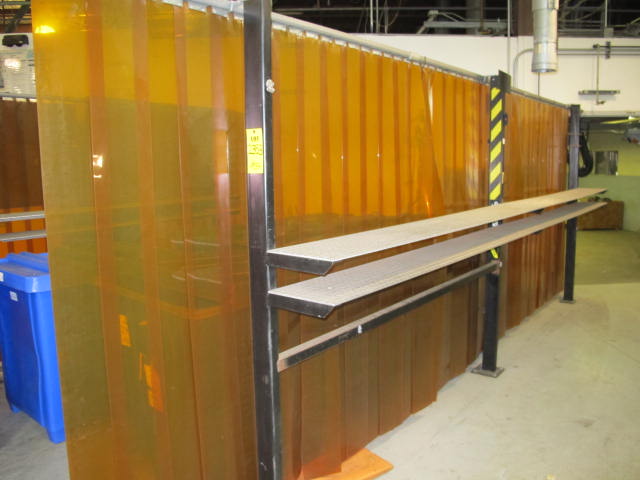 PLYMOVENT FLOOR MOUNTED 16' WELDING CURTAIN FRAME WORK W/ DIAMOND PLATE SHELVING AND WELDING CURTAINS (G-49) LOADING & HANDLING FEE $250-2353