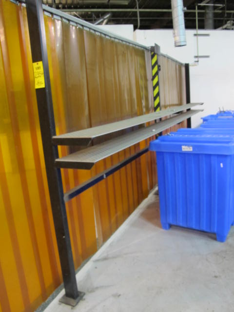 PLYMOVENT FLOOR MOUNTED 16' WELDING CURTAIN FRAME WORK W/ DIAMOND PLATE SHELVING AND WELDING CURTAINS (G-49) LOADING & HANDLING FEE $250-2354
