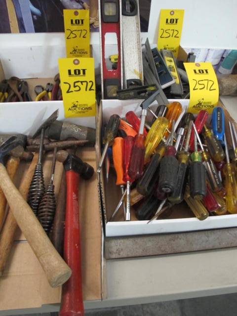 LOT (4) BOXES LEVELS, HAMMERS, SCREWDRIVERS AND SNIPS (G-20) LOADING & HANDLING FEE $10-2572