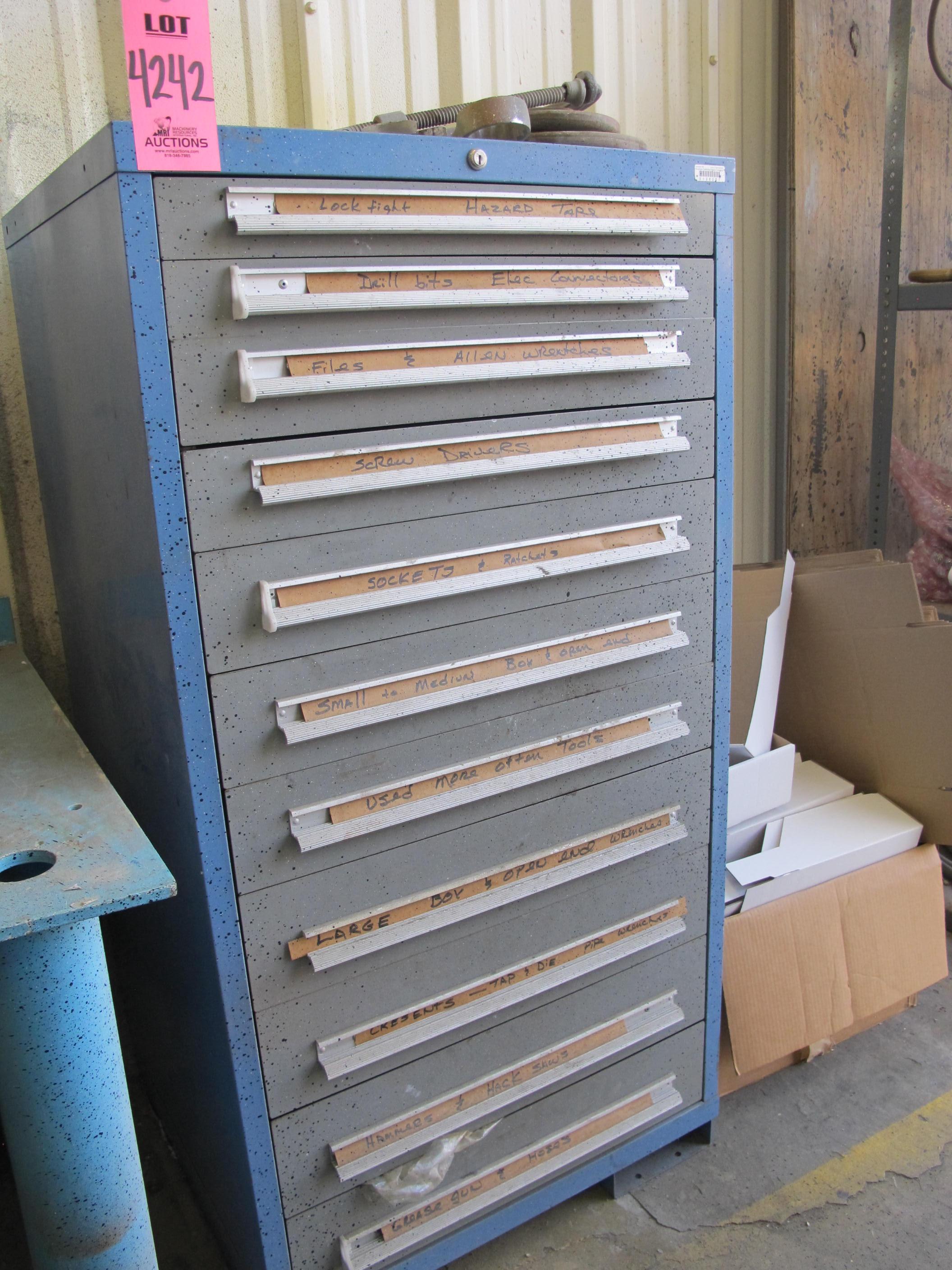 11-DRAWER HEAVY DUTY PARTS CABINET W/ CONTENTS, MISC HAND TOOLS (G-44) LOADING & HANDLING FEE $50-4242