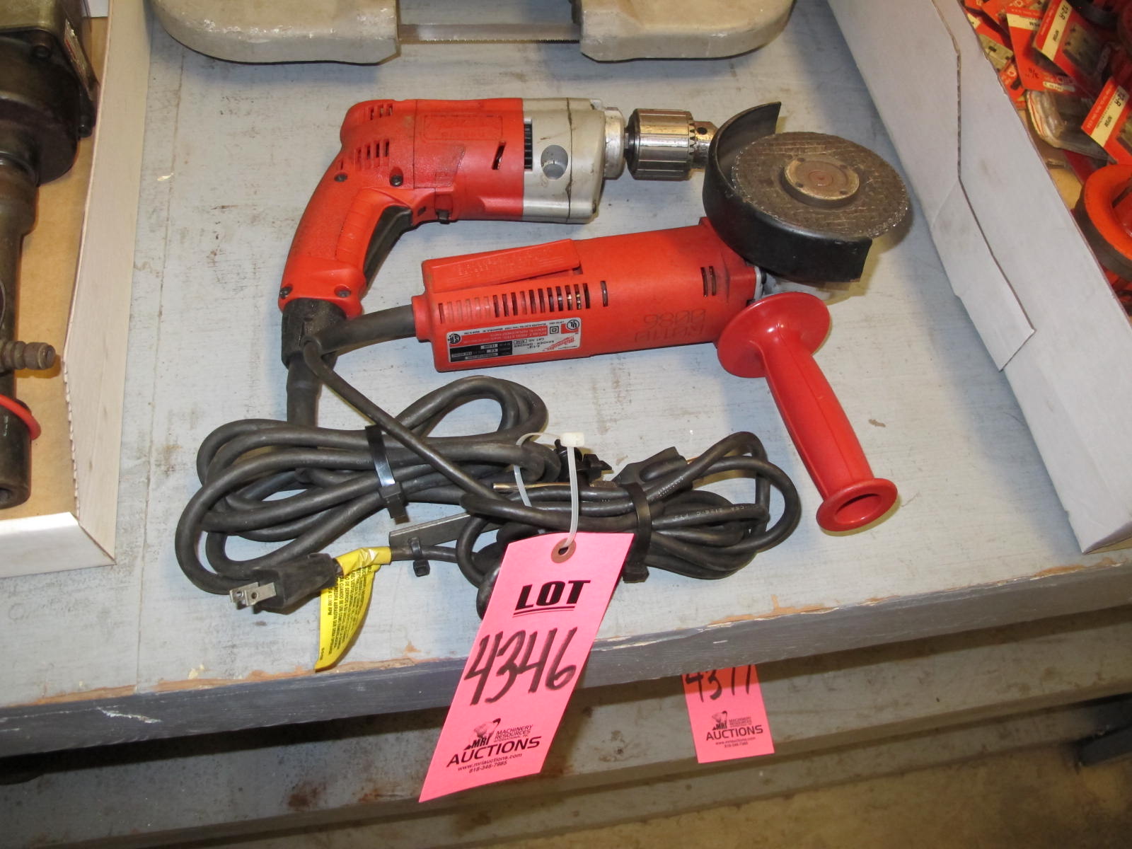 LOT MILWAUKEE ELECTRIC RIGHT ANGLE GRINDER & MILWAUKEE ELECTRIC DRILL (G-30) LOADING & HANDLING FEE $10-4346