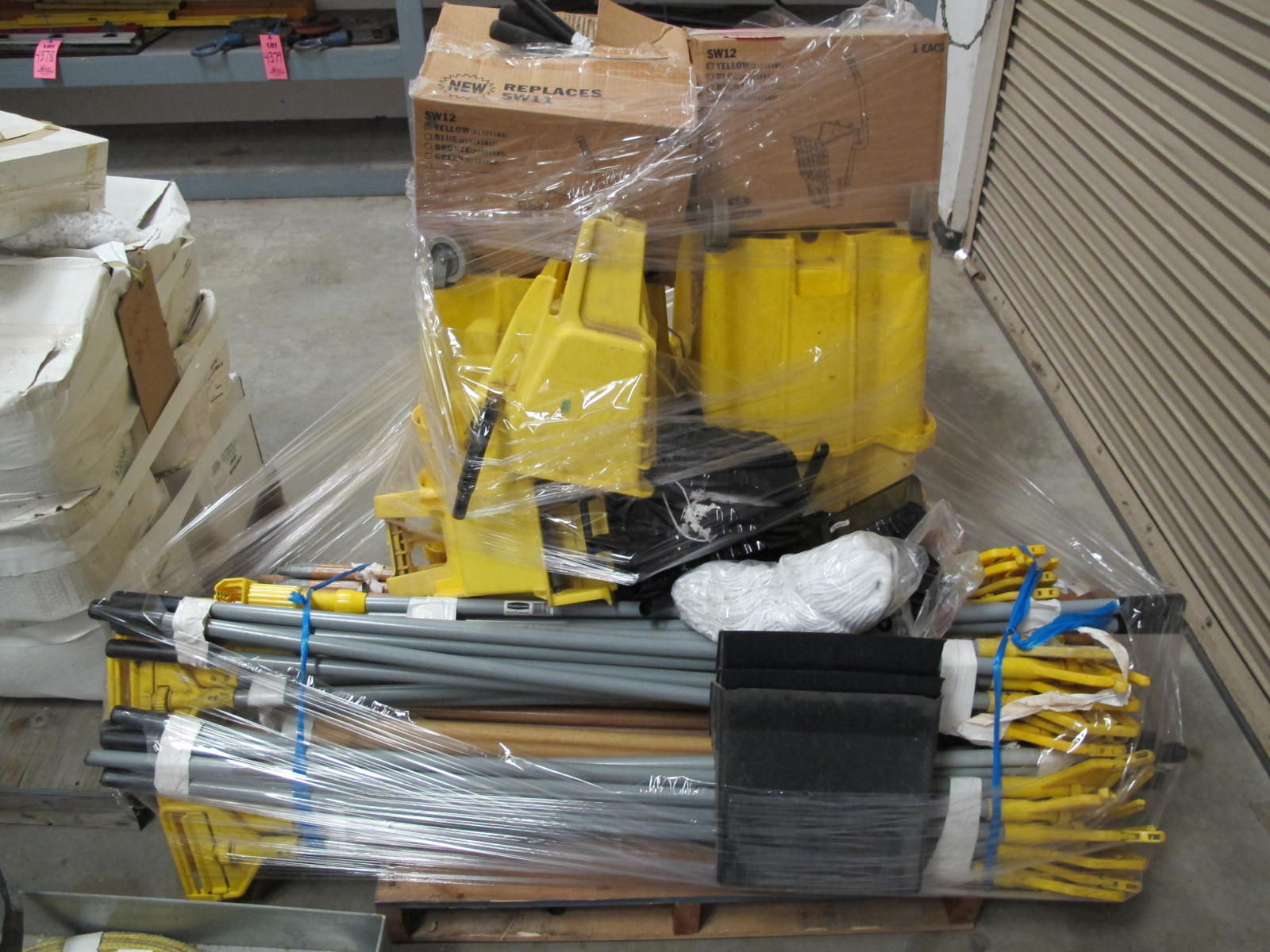 LOT (2) PALLETS MOPS, BUCKETS, HANDLES & HEADS (G-30) LOADING & HANDLING FEE $50-4356