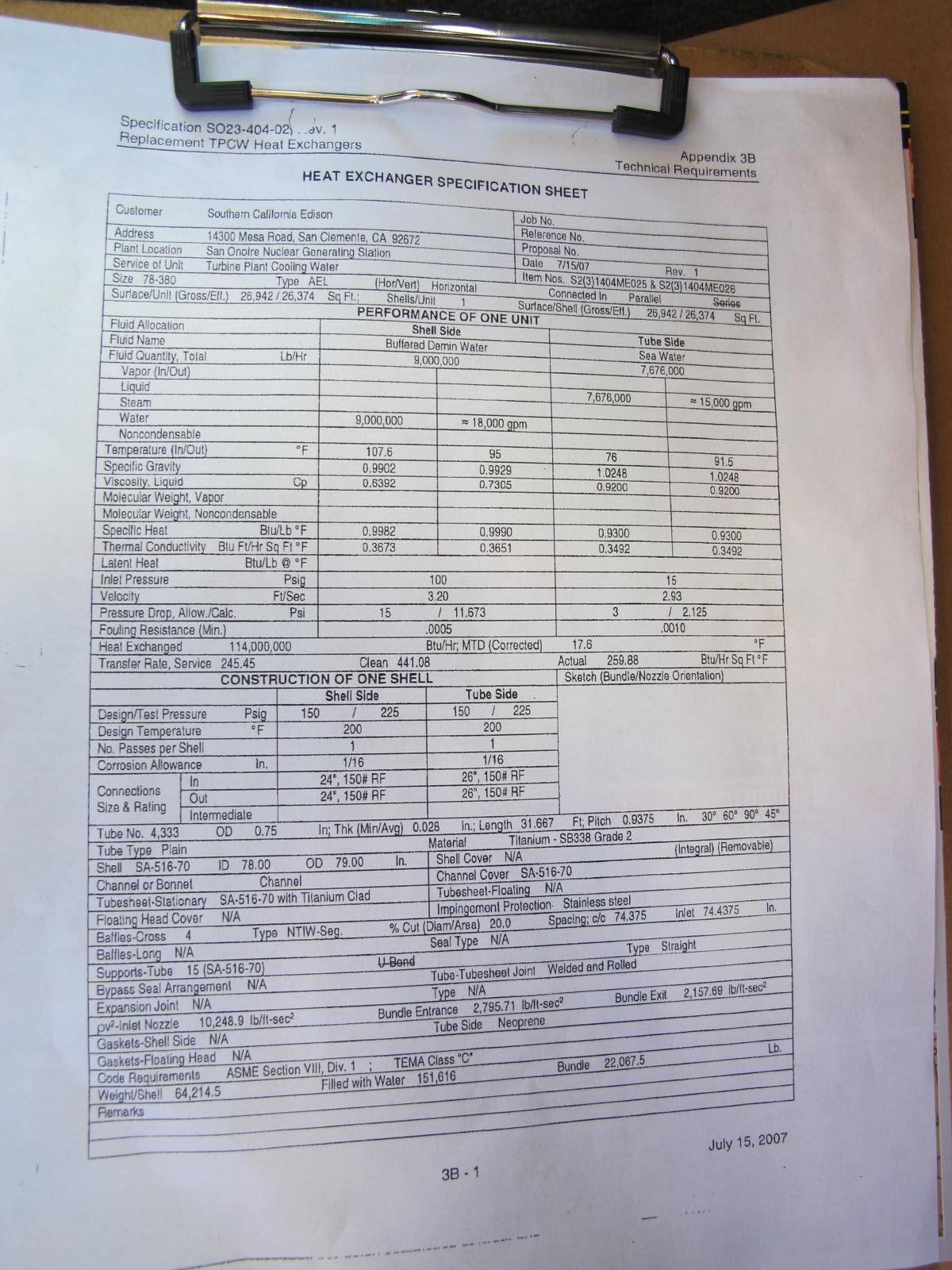 2009 THERMAL ENGINEERING INTERNATIONAL TURBINE PLANT COOLING WATER HEAT EXCHANGER, DIMENSIONS: 79" O.D., OVERALL LENGTH: 494", SHELL WEIGHT: 64,215 LBS, TUBE TYPE: TITANIUM SB338 GRADE 2, TUBESHEET-STATIONARY SA-516-70 W/ TITANIUM CLAD, IMPINGEMENT PROTECTION S/S, S/N T1073502 (FOR COMPLETE DETAILS, SEE SPEC SHEET OR CALL) (G-22) LOADING & HANDLING FEE $15,000-4404