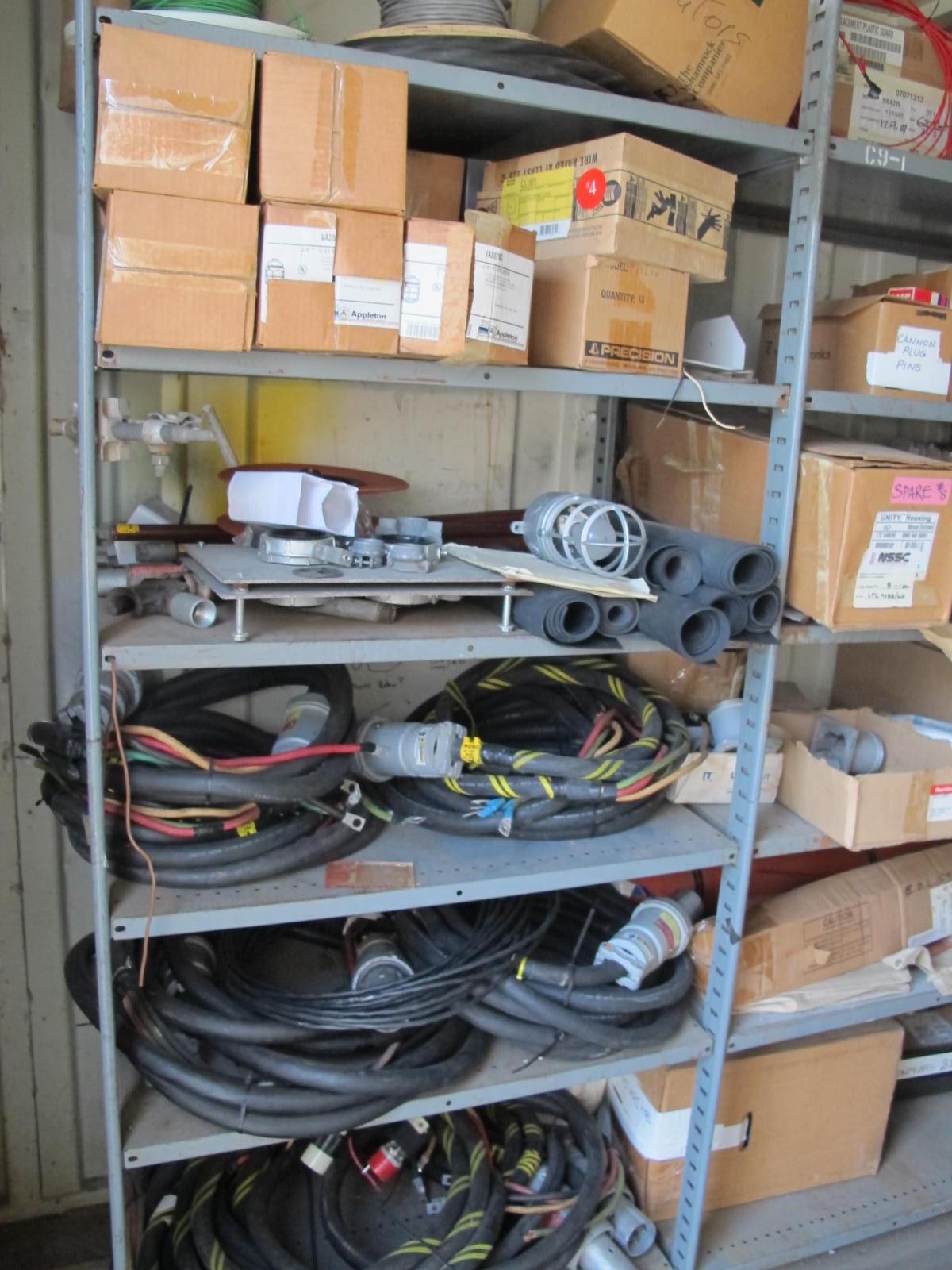 CONTENTS OF 8'X8'X20' STORAGE CONTAINER: "ELECTRICIANS DREAM II" LARGE QUANTITY OF: SPOOLS OF WIRE, COMMUNICATION CABLE, CLAMPS, SEALS, PLUGS, FITTINGS, LIGHTS, PLUS SO MUCH MORE. (G-20/#5) (TO BE PURCHASED ONLY BY AN INSURED BUYER, TO BE LOADED BY HAND. NO FORKLIFT USE ALLOWED.)-4408