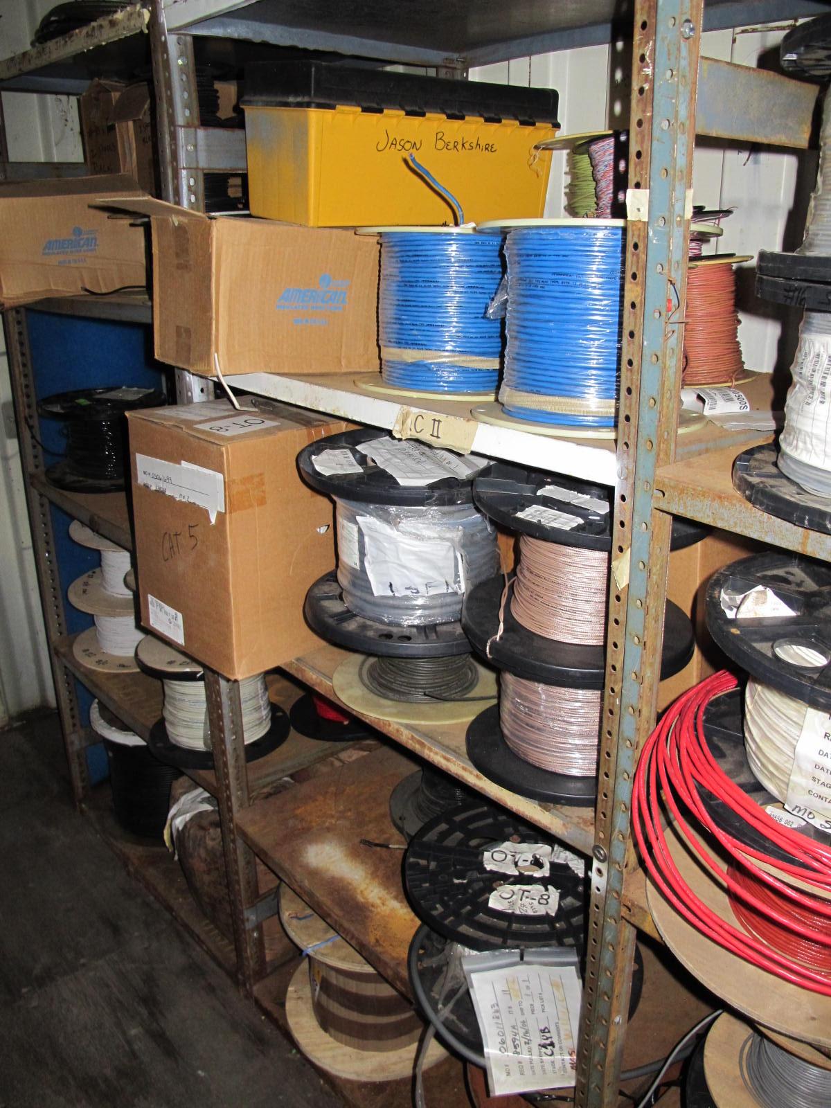 CONTENTS OF 8'X8'X20' STORAGE CONTAINER: "ELECTRICIANS DREAM II" LARGE QUANTITY OF: SPOOLS OF WIRE, COMMUNICATION CABLE, CLAMPS, SEALS, PLUGS, FITTINGS, LIGHTS, PLUS SO MUCH MORE. (G-20/#5) (TO BE PURCHASED ONLY BY AN INSURED BUYER, TO BE LOADED BY HAND. NO FORKLIFT USE ALLOWED.)-4408
