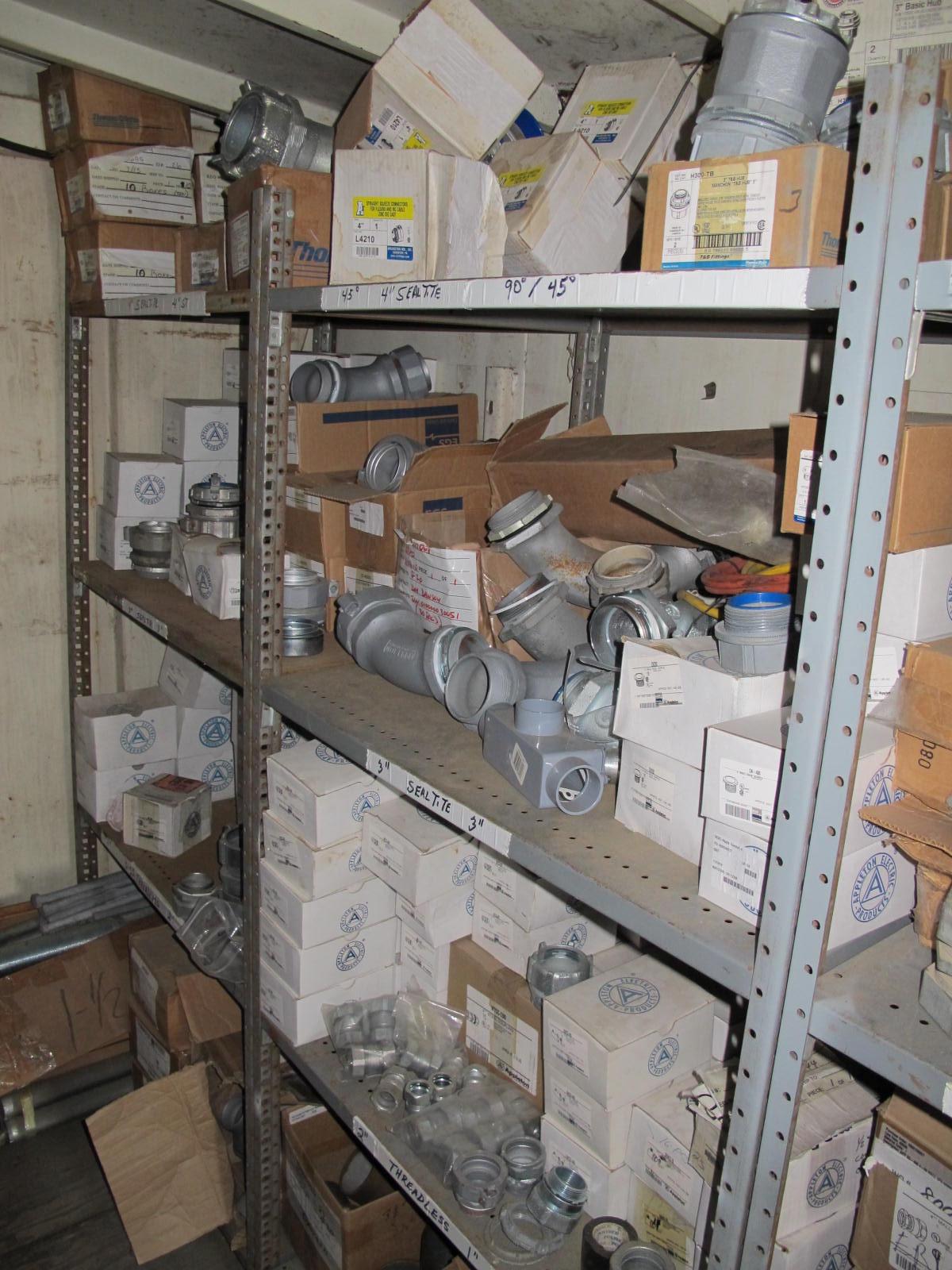 8'X8'X20' STORAGE CONTAINER WITH CONTENTS: "ELECTRICIANS DREAM III" LARGE QUANTITY OF: CONDUIT, HANGERS, ADAPTERS, POWER STRUT, HOFFMAN ELECTRICAL ENCLOSURES, COUPLINGS, FLEXIBLE CONDUIT CONNECTORS, FLEX HANGERS, APPLETON ELECTRICAL BOXES, FITTINGS, PLUS SO MUCH MORE. (G-20/#7) LOADING & HANDLING FEE $400-4411