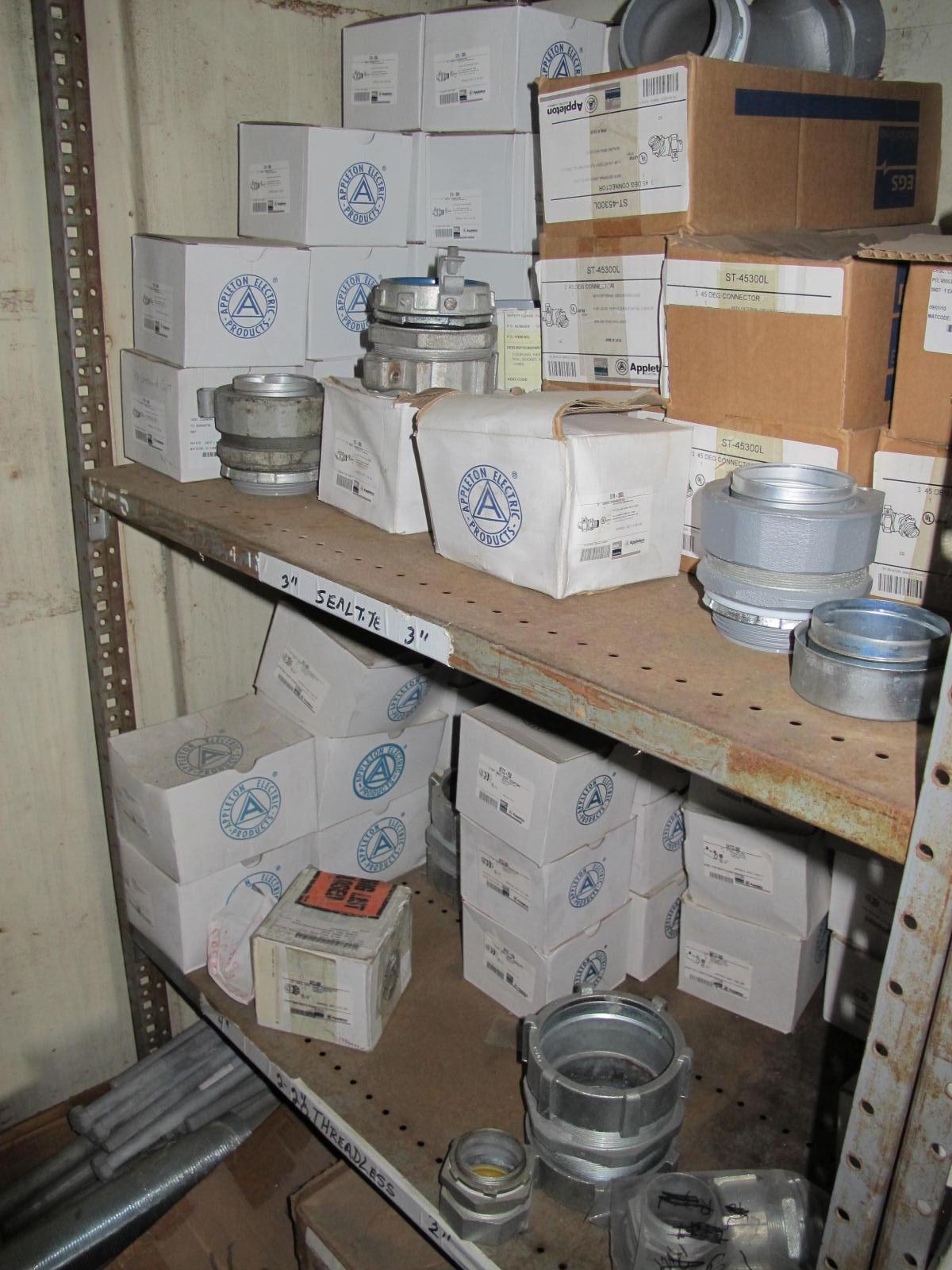 8'X8'X20' STORAGE CONTAINER WITH CONTENTS: "ELECTRICIANS DREAM III" LARGE QUANTITY OF: CONDUIT, HANGERS, ADAPTERS, POWER STRUT, HOFFMAN ELECTRICAL ENCLOSURES, COUPLINGS, FLEXIBLE CONDUIT CONNECTORS, FLEX HANGERS, APPLETON ELECTRICAL BOXES, FITTINGS, PLUS SO MUCH MORE. (G-20/#7) LOADING & HANDLING FEE $400-4411