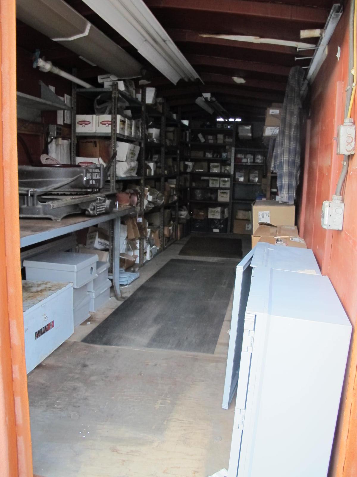 8'X8'X20' STORAGE CONTAINER WITH CONTENTS: LARGE QUANTITY OF ELECTRICAL AND SUPPORT EQUIPMENT, HILTI ANCHORS, UNISTRUT, CLAMPS, GROUND WIRE, ELECTRICAL CABINETS, CONNECTORS & BIG DEAL MDL. 0 STENCIL MACHINE (G-20/#9) LOADING & HANDLING FEE $400-4412