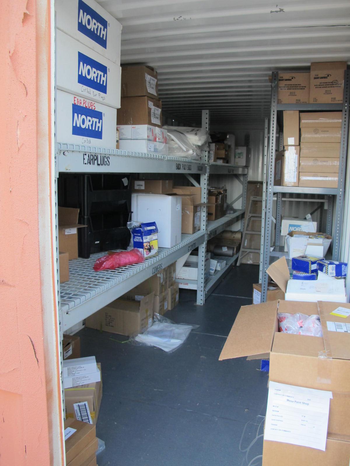 8'X8'X20' STORAGE CONTAINER WITH CONTENTS: PAINTING & SAFETY SUPPLIES, 3M MASKS, NORTH SILICONE HALF MASKS, SPARE RESPIRATORS, DISPOSABLE WIPES, FILTER LIDS, PAINT ROLLERS, PUSH BROOMS, CABLE TIES & EAR PLUGS (G-40/#10) LOADING & HANDLING FEE $400-4414