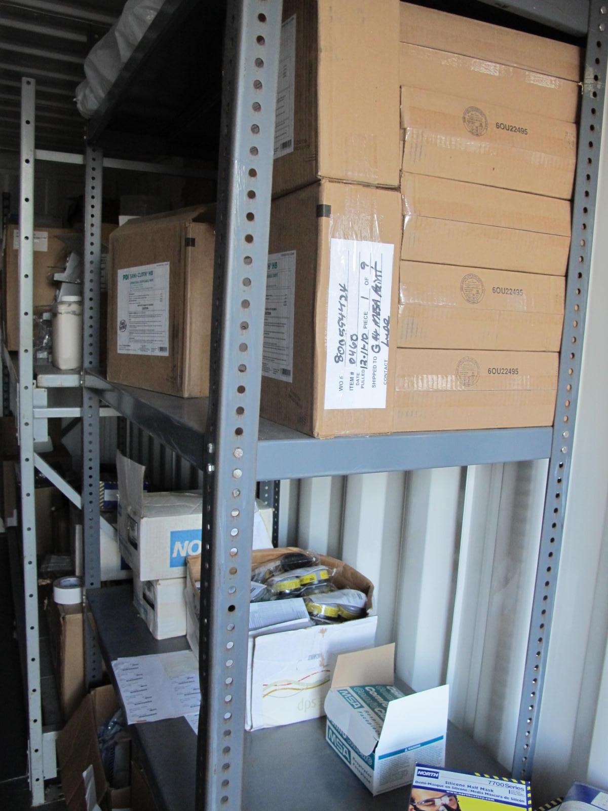 8'X8'X20' STORAGE CONTAINER WITH CONTENTS: PAINTING & SAFETY SUPPLIES, 3M MASKS, NORTH SILICONE HALF MASKS, SPARE RESPIRATORS, DISPOSABLE WIPES, FILTER LIDS, PAINT ROLLERS, PUSH BROOMS, CABLE TIES & EAR PLUGS (G-40/#10) LOADING & HANDLING FEE $400-4414