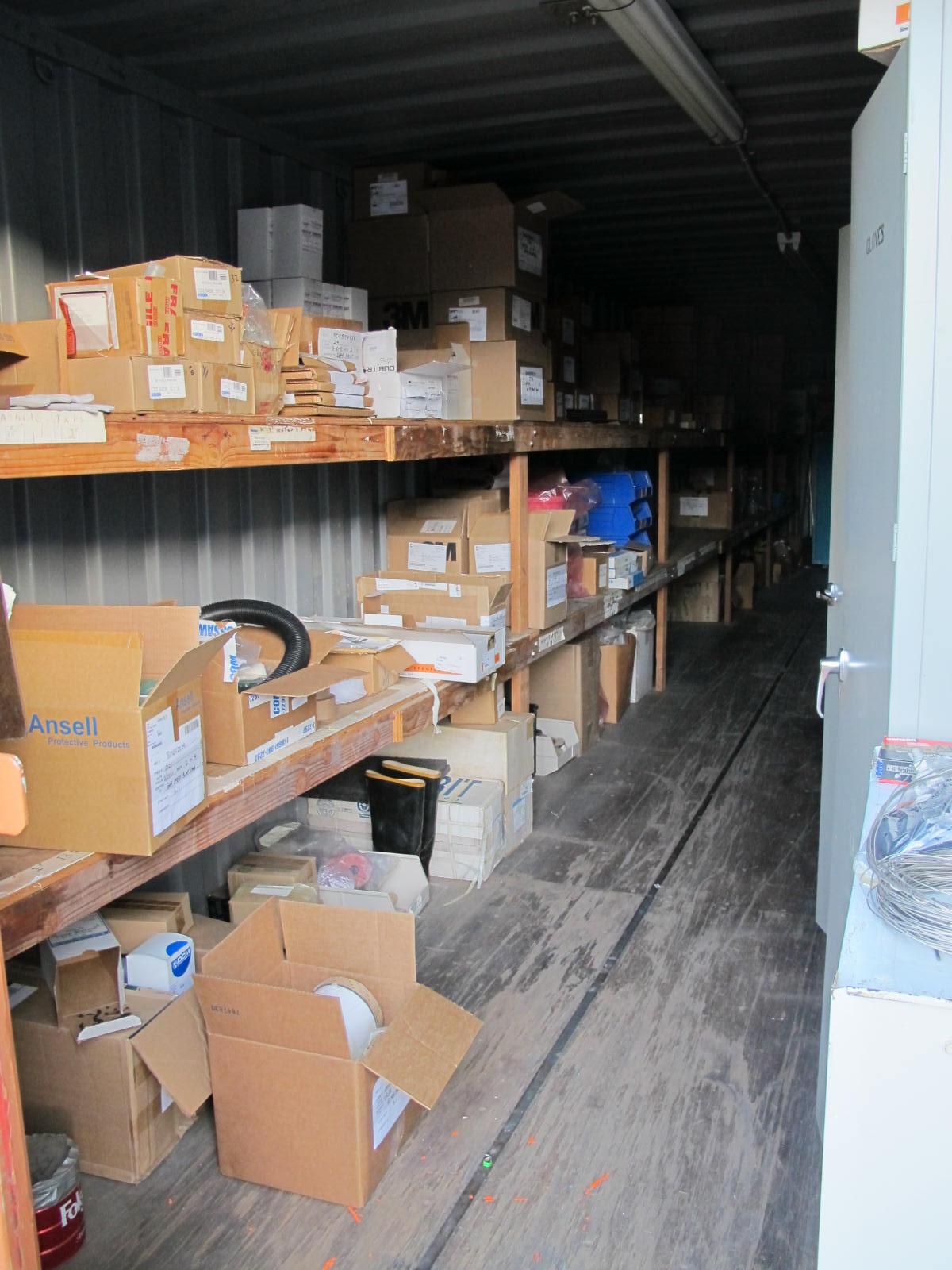 CONTENTS OF 8'X8'X20' STORAGE CONTAINER: TO INCLUDE PAINTING FINISHING AND SANDBLASTING SUPPLIES: VACUUM DISCS, GRINDING WHEELS, TAPE, CLEMCO CARTRIDGES, SPARE PARTS, SAFETY GLOVES, RESPIRATORS, SAND BLASTING MASKS, CHLORIDE ION FIELD TEST KITS, PLUS SO MUCH MORE (G-40/#11) (TO BE PURCHASED ONLY BY AN INSURED BUYER, TO BE LOADED BY HAND. NO FORKLIFT USE ALLOWED.)-4415