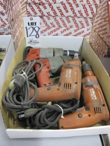 LOT (4) ASSORTED ELECTRIC HAND DRILLS (G-49) LOADING & HANDLING FEE $5-