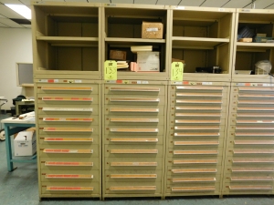 STANLEY VIDMAR 10 DRAWER TOOL/PARTS CABINET, W/2 SHELF TOPPER,30"X28"X92", W/O CONTENTS-133