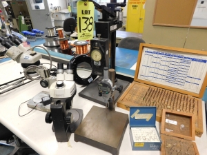 LOT OF MISC. INSPECTION & TEST EQUIPMENT TO INCLUDE: HUNTER MECHANICAL FORCE GAGE, (3) PIN GAGE SETS, MITUTOYO DIGITAL DEPTH GAGE W/ STEEL SURFACE PLATE, (2) STEREO ZOOM MICROSCOPES, MAGNIFYING LIGHT-138