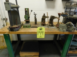 HEAVY DUTY BUTCHERBLOCK TABLE, 60"X30"X34", W/4" VISE, & (5) MISC. HAND PRESSES-149