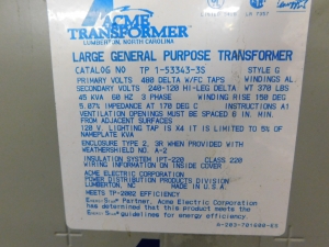 ACME TRANSFORMER, LARGE GENERAL PURPOSE, CAT.# TPI-53343-3S, STYLE G-199