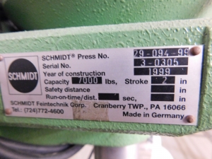 1999 SCHMIDT PRESS NO. 29-094-99, S/N 3-0305, 7,000 LBS, 2"STROKE-206