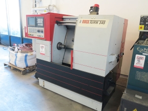 8.7" X 20.1" EMCO 345 CNC TURNING LATHE (GREAT CONDITION), FANUC 21T CNC CONTROL, 3J COLLET CHUCK, PROGRAMMABLE TAILSTOCK, BARFEED INTERFACE, COOLANT SYSTEM, SPLASH GUARDS, TRANSFORMER: INPUT 230.400.440.460, OUTPUT 400V. MACHINE IS SET UP 400V, 3 PHASE, SPINDLE NOSE 2-1/10" (LOCATION: GARVEY AVE., SOUTH EL MONTE, CA) ***RIGGING FEE $150***-7