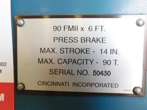90 TON X 8' CINCINNATI FORM MASTER II CNC HYDRAULIC PRESS BRAKE (CONTROLLER IS NOT FUNCTIONAL - NEEDS WORK), MODEL 90FMIIX6, AXIS SELECTION CONTROL, 4-AXIS (2-AXIS RAM Y1, Y2 TO 0.0002" AND 2-AXIS BACKGAGE X-R), CINCINNATI FORM MASTER II, 2 AXIS CNC BACK GAUGE, ELECTRIC FOOT PEDAL, PEDESTAL PALM CONTROL W/ EMERGENCY STOP, AUTO BED CROWNING, PRESENSE SENSING GUARD ON/OFF PUSH BUTTON, EXTENDED STROKE & SHUT HEIGHT, (NEEDS NEW CONTROL) (LOCATION: GARVEY AVE., SOUTH EL MONTE, CA) ***RIGGING FEE $250***-23