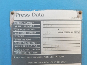 75 TON X 8" NIAGARA O.B.I. PUNCH PRESS, MODEL E-75, DUAL PALM CONTROLS, POWER RAM ADJUSTMENT, AIR COUNTER BALANCE, AUTO LUBE SYSTEM, AIR CLUTCH & BRAKE (LOCATION: GARVEY AVE., SOUTH EL MONTE, CA) ***RIGGING FEE $50***-24