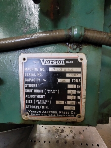 VERSON MODEL 7-1/2 PUNCH PRESS, OBG 105 TON X 8" STROKE, 18" SHUT HEIGHT, 39" X 30" BED, 35 SPM, S/N 19907, CUSHION TYPE K1614-4, S/N 20298, 17.7 TONS @100PSI-2