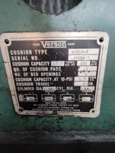 VERSON MODEL 7-1/2 PUNCH PRESS, OBG 105 TON X 8" STROKE, 18" SHUT HEIGHT, 39" X 30" BED, 35 SPM, S/N 19907, CUSHION TYPE K1614-4, S/N 20298, 17.7 TONS @100PSI-2