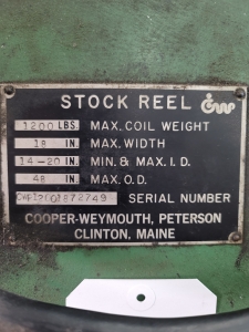 COOPER WEYMOUTH REEL, 1200 LB, 18" MAX WIDTH, 14"-20" MIN AND MAX ID, 48" OD, S/N CWP12001872749-10