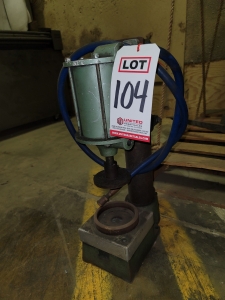 SMALL PNEUMATIC AIR CYLINDER PRESS, CYLINDER TRAVEL IS APPROX. 5", WHOLE PIECE IS ONLY 21" TALL-104