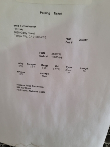 (17) PALLETS OF ALUMINUM HANDLE TUBING IN 30" LENGTHS, 3005 ALLOY, H27 TEMPER, 0.031 GA, 0.8750 O.D., (656) PIECES PER PALLET, 1,640' PER PALLET-158