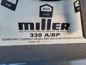 MILLER 330 A/BP CONSTANT CURRENT AC/DC ARC WELDING POWER SOURCE, S/N JB569578, W/ WATER COOLER, TIG GUN, FOOT PEDAL-374