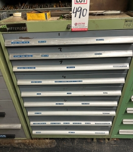 WATERLOO 9-DRAWER TOOL CABINET, W/ CONTENTS OF TOOLING, TO INCLUDE: DRILLS, TAPS, DIES, ETC.-490
