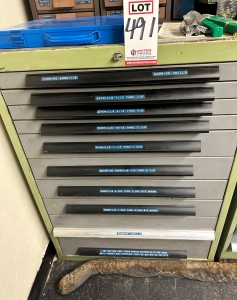 10-DRAWER TOOL CABINET, W/ CONTENTS OF TOOLING, TO INCLUDE: CARBIDE DRILLS, END MILLS, ROUGHING END MILLS, KEY CUTTERS, ETC., ALSO INCLUDES DRILLS AND TAPS ON TOP OF CABINET-491