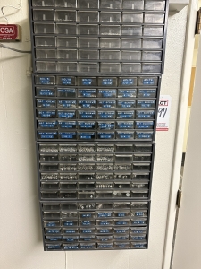 LOT - SMALL FASTENER ASSORTMENT CONTAINED IN (4) WALL-HUNG CABINETS-497