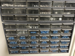 LOT - SMALL FASTENER ASSORTMENT CONTAINED IN (4) WALL-HUNG CABINETS-497