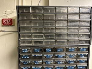 LOT - SMALL FASTENER ASSORTMENT CONTAINED IN (4) WALL-HUNG CABINETS-497