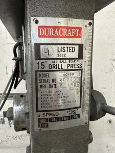 DURACRAFT 15inch DRILL PRESS MODEL 40160 5 SPEED BENCHTOP MODEL S N G00005-1