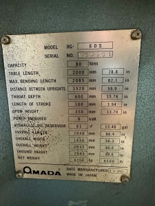 1980 AMADA PRESS BRAKE MODEL RG 80S 6 ft X 80 TON CAPACITY AMADA CNC CONTROL S N 804001-33A