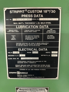 STRIPPIT CUSTOM 18 30 SINGLE END 30 TON PUNCH PRESS CAT. NO. 101830 AEF MATERIAL THICKNESS: 1 4inch MILD STEEL S N 46513179 W  PUNCH DIES-34
