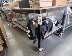 WORKBENCH ON CASTERS W  WOOD TOP 3 ft X 8 ft CONTENTS NOT INCLUDED-107