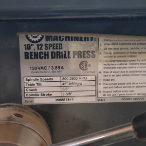 CENTRAL MACHINERY 10" BENCHTOP DRILL PRESS, 12-SPEED, S/N 366851844-5