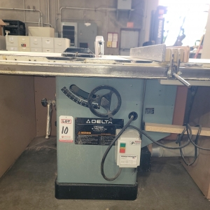 DELTA 10" UNISAW TABLE SAW, CAT. NO. 36-815, 3 HP, 230V, 28" X 27" CAST TABLE, 40-1/2" FENCE, S/N 93H94175, WITH OR WITHOUT SURROUNDING MATERIAL SUPPORT TABLES-10