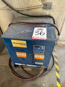 NISSAN ELECTRIC FORKLIFT, MODEL CP1B2L25S, 4,000 LB CAPACITY, 3-STAGE MAST, SIDE SHIFT, SOLID TIRES, 4' FORKS, LOAD LIGHTS, APPROX. 11,751 HOURS, S/N CP1B2-000219, W/ POWERHOUSE BATTERY CHARGER, (DELAYED PICKUP UNTIL FEBRUARY 20)-36