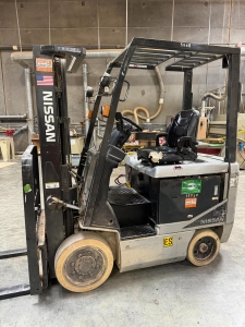 NISSAN ELECTRIC FORKLIFT, MODEL CP1B2L25S, 4,000 LB CAPACITY, 3-STAGE MAST, SIDE SHIFT, SOLID TIRES, 4' FORKS, LOAD LIGHTS, APPROX. 11,751 HOURS, S/N CP1B2-000219, W/ POWERHOUSE BATTERY CHARGER, (DELAYED PICKUP UNTIL FEBRUARY 20)-36