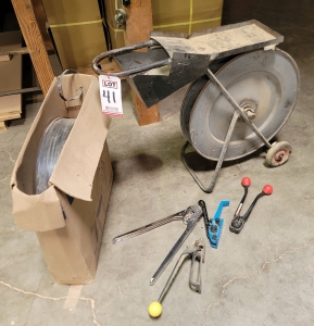 LOT - BANDING CART, W/ (2) TENSIONERS, (2) CRIMPERS AND (1) SPOOL OF 1/2" POLY STRAPPING-41
