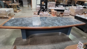 LOT - CONFERENCE TABLE, VIDEO CABINET, END TABLES, SPEAKERS, COLOR: BLUE BRUSHED & ALUMINUM-166