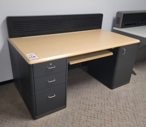 LINEAR CONSOLE W/ SLATWALL, DRAWER PEDESTAL, CPU CABINET AND ARTICULATING KEYBOARD TRAY, COLOR: TEAK & GRAPHITE, DIM: 60"W X 36"D-168