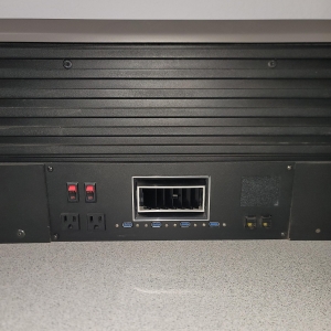 LINEAR CONSOLE W/ CHAMBERED SLATWALL, INTEGRATED CPU STORAGE, PENCIL DRAWERS, COLOR: GRANITE & GRAPHITE, DIM: 60"W X 36"D-169