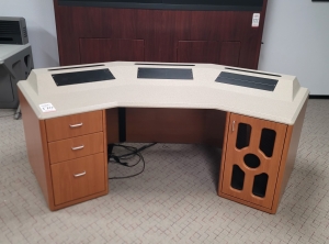 COCKPIT STYLE SECURITY CONSOLE W/ BUILT-IN EQUIPMENT RACK, MOUNT TURRET, DRAWER PEDESTAL, CPU CABINET, COLOR: GRANITE & CHERRY-170