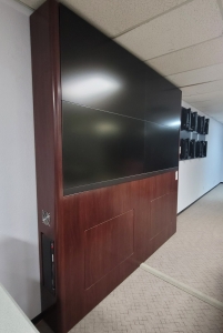 VIDEO WALL CABINET W/ (4) 55" NEC ULTRA-THIN MULLION LCD PANELS ON TOUCH-LATCH MOUNTS, COLOR: MAHOGANY-172
