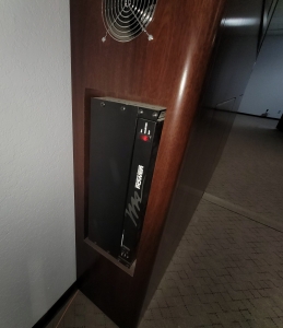 VIDEO WALL CABINET W/ (4) 55" NEC ULTRA-THIN MULLION LCD PANELS ON TOUCH-LATCH MOUNTS, COLOR: MAHOGANY-172